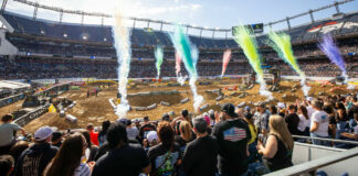 Empower Field at Mile High provided clear skies and great racing. The track’s planned sand section was eliminated; instead, the sand was mixed into the entire track to help retain moisture in the hardpack dirt. Photo courtesy Feld Motor Sports.