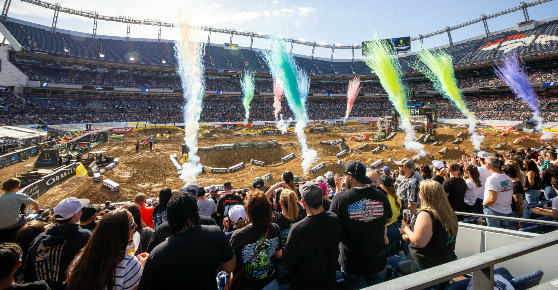 Empower Field at Mile High provided clear skies and great racing. The track’s planned sand section was eliminated; instead, the sand was mixed into the entire track to help retain moisture in the hardpack dirt. Photo courtesy Feld Motor Sports.