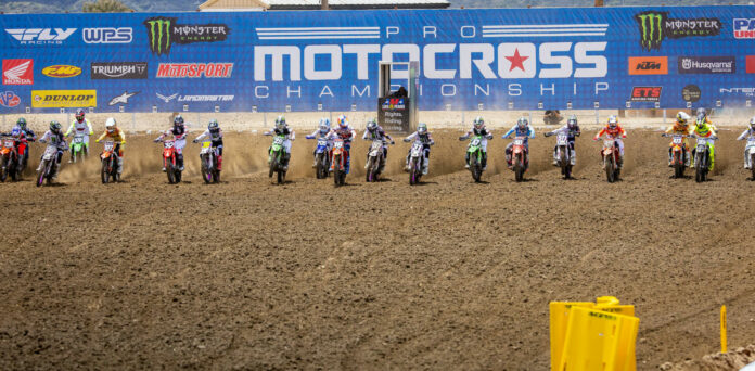 The start of a 450 Moto at Fox Raceway in Pala, California. Photo courtesy MX Sports Pro Racing, Inc.
