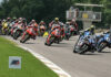 The start of MotoAmerica Superbike Race Two Sunday at Barber Motorsports Park with Cameron Beaubier (6) leading Jake Gagne (1), Cameron Petersen (behind Beaubier), Loris Baz (76), Josh Herrin (2), and the rest of the field into Turn One. Photo by Brian J. Nelson.