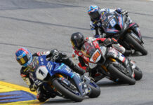 Both of the season-opening Steel Commander Superbike races were close at Road Atlanta three weeks ago. Now the battle resumes at Barber Motorsports Park this weekend, May 17-19, with Jake Gagne (1) and Cameron Beaubier (6) tied at the top of the standings. Bobby Fong (5) is tied for fourth. Photo by Brian J. Nelson, courtesy MotoAmerica.