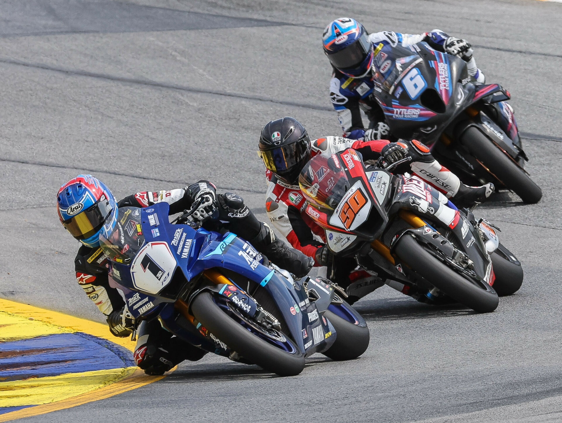 Both of the season-opening Steel Commander Superbike races were close at Road Atlanta three weeks ago. Now the battle resumes at Barber Motorsports Park this weekend, May 17-19, with Jake Gagne (1) and Cameron Beaubier (6) tied at the top of the standings. Bobby Fong (5) is tied for fourth. Photo by Brian J. Nelson, courtesy MotoAmerica.