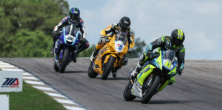 Mathew Scholtz (11) and PJ Jacobsen (15) have won all four of the MotoAmerica Supersport races held thus far in 2024, and it's put the pair atop the point standings ahead of Blake Davis (22). Photo by Brian J. Nelson.