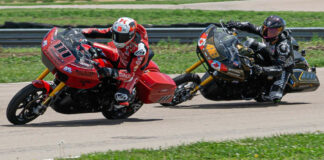 Ruben Xaus (111) leads Sam Guerin (418) in the BRL Bagger GP race at Motorsports Park Hastings. Photo by Richard Gergely, courtesy BRL.