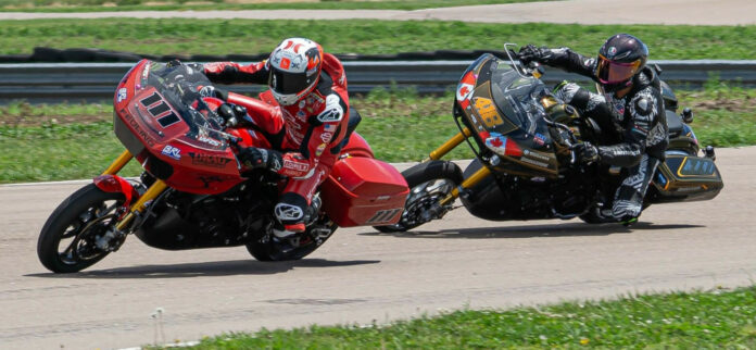Ruben Xaus (111) leads Sam Guerin (418) in the BRL Bagger GP race at Motorsports Park Hastings. Photo by Richard Gergely, courtesy BRL.