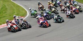 The start of a British Superbike race Monday at Oulton Park with Glenn Irwin (2) leading Christian Iddon (21), Tommy Bridewell (1) and the rest. Photo courtesy MSVR.