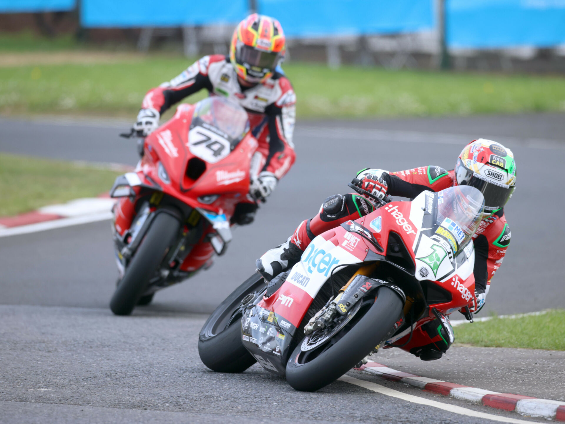 Glenn Irwin (1) defeated Davey Todd (74) to win Thursday's Superbike race at the North West 200. Photo courtesy NW200 Press Office.