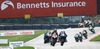 Glenn Irwin (2) leads Ryan Vickers (7) and the rest during British Superbike Race One Sunday at Oulton Park. Photo courtesy MSVR.
