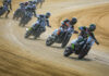 Jared Mees (1) leading Briar Bauman (3), Dallas Daniels (32), and the rest of the field at the DuQuoin Mile in 2023. Photo by Scott Hunter, courtesy AFT.