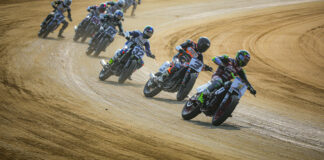 Jared Mees (1) leading Briar Bauman (3), Dallas Daniels (32), and the rest of the field at the DuQuoin Mile in 2023. Photo by Scott Hunter, courtesy AFT.