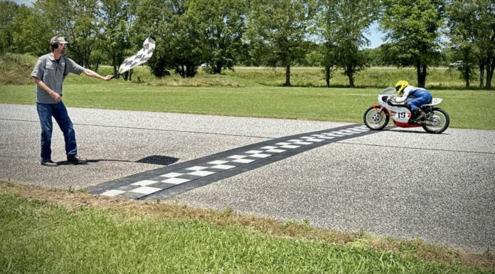 Christopher Spargo (19) crosses the finish line at Talladega Gran Prix Raceway. Photo by Leasha Overturf, courtesy AHRMA.