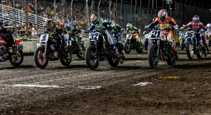 Sammy Halbert (69), Jared Mees (1), Dallas Daniels (32), Trevor Brunner (21), and the rest at the start of the Mission AFT SuperTwins Main event at the Silver Dollar Short Track. Photo courtesy AFT.