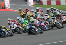 Ryan Vickers (7) leads the start of British Superbike Race One. Photo courtesy MSVR.