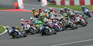Ryan Vickers (7) leads the start of British Superbike Race One. Photo courtesy MSVR.
