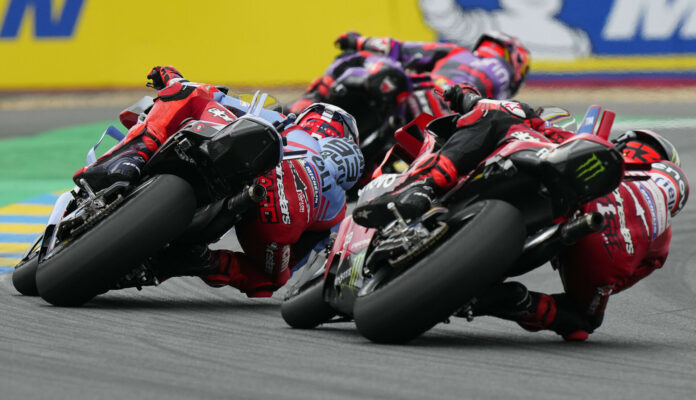 Jorge Martin (top) leading Marc Marquez (left) and Francesco Bagnaia (right) at Le Mans. Photo courtesy Dorna.
