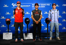 Francesco "Pecco" Bagnaia (left), Jorge Martin (center), and Marc Marquez (right) at the MotoGP pre-race press conference at Le Mans. Photo courtesy Dorna.