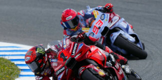 Francesco Bagnaia (1) and Marc Marquez (93) mid-battle at Jerez. Photo courtesy Dorna.