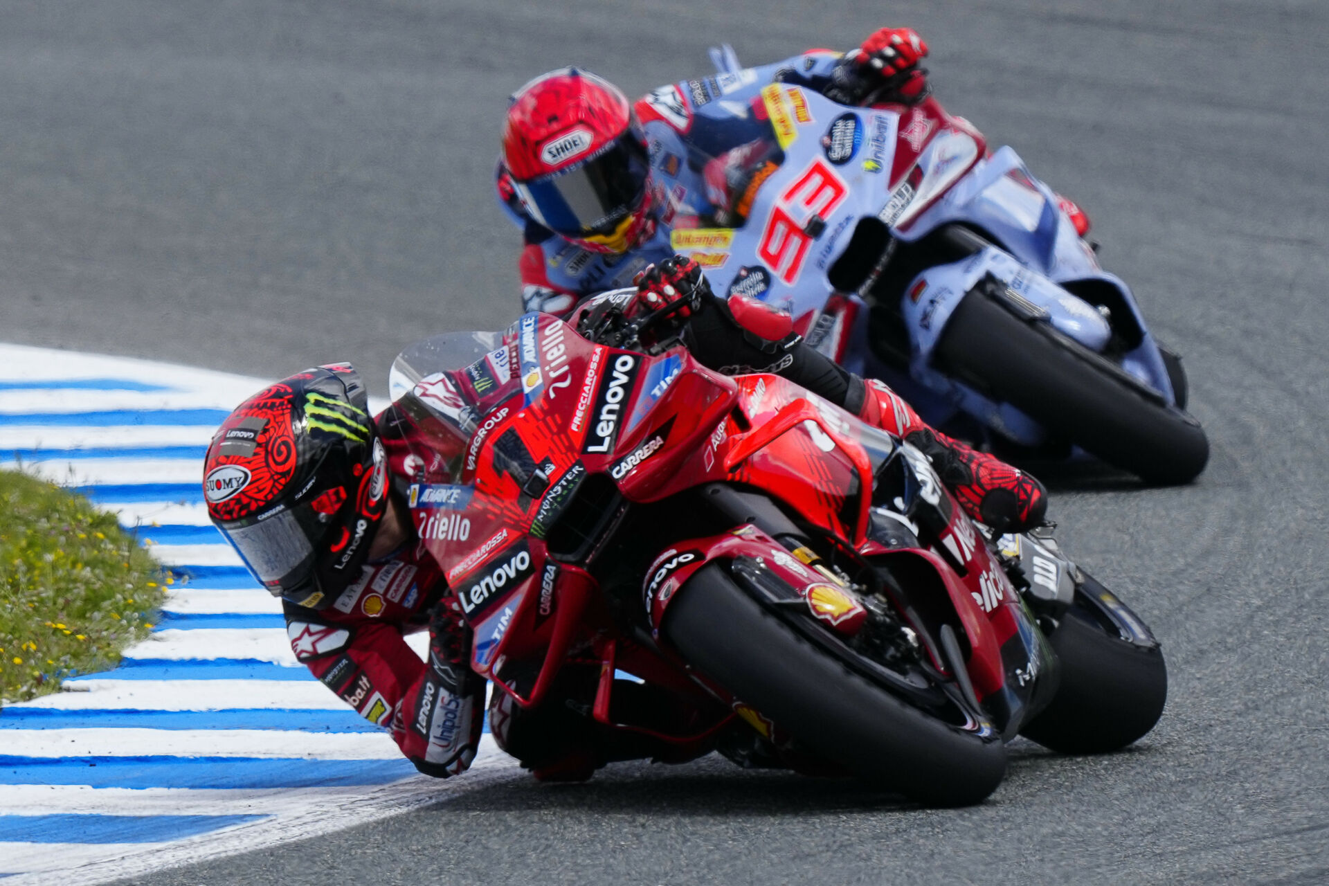 Francesco Bagnaia (1) and Marc Marquez (93) mid-battle at Jerez. Photo courtesy Dorna.