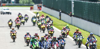 Yoshimura SERT Motul (12) leads Yamalube YART Yamaha (1), BMW Motorrad World Endurance Team (37), and the rest of the field on the start of the 8 Hours of Spa. Photo courtesy FIM EWC.