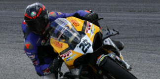 2021 Canadian Superbike Champion Alex Dumas (29) testing om a Ducati Panigale V4 in June 2024. Photo by Colin Fraser, courtesy CSBK.