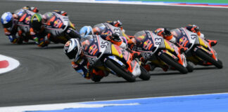 Marco Morelli (95) leading Álvaro Carpe (83), Brian Uriarte (51), and the rest during Race Two at Assen. Photo courtesy Red Bull.
