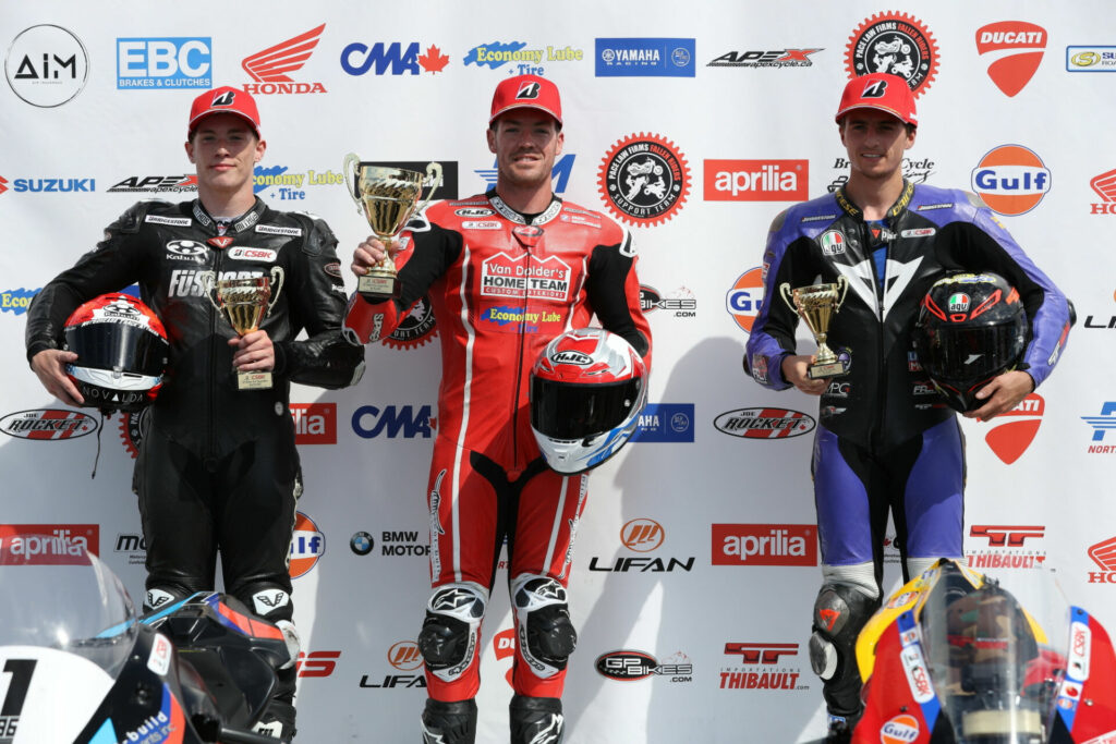 Edmonton Superbike Race One podium: Ben Young (center), Torin Collins (left), and Alex Dumas (right). Photo by Rob O'Brien, courtesy CSBK.