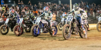 Dallas Daniels (32), Davis Fisher (67), Jared Mees (1), and Brandon Robinson (44) leads the AFT Supertwins field off the line at the Lima Half-Mile. Photo by Tim Lester, courtesy AFT.
