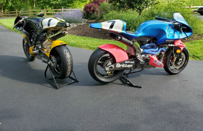 Britten V1000 racebikes P-001 (left) and P-003 (right) are coming to New Jersey Motorsports Park. Photo by Bob Robbins, courtesy AHRMA.