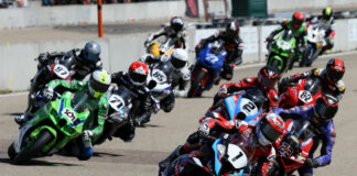 Polesitter Ben Young (1) leads the GP Bikes Pro Superbike field into Turn One Sunday during Round Three action at RAD Torque Raceway near Edmonton, AB. Photo by Rob O'Brien, courtesy CSBK.