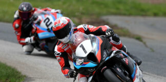 Ben Young (1) will take a slight championship advantage into Grand Bend over BMW-mate Sam Guerin (2), after winning both races from Guerin in round one. Photo by Rob O’Brien, courtesy CSBK.