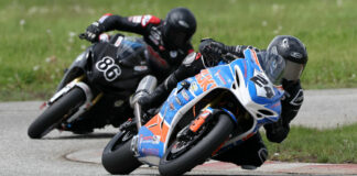 Sebastien Tremblay (24) will carry the Economy Lube Pro Sport Bike championship lead into round two at Grand Bend, but won’t have to contend with rival Ben Young (86) this time around. Photo by Rob O’Brien, courtesy CSBK.
