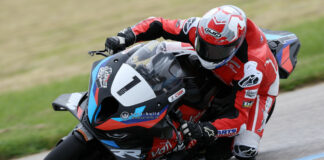 Ben Young (1) topped GP Bikes Pro Superbike qualifying at Grand Bend Motorplex on Friday afternoon, putting the BMW rider into a P1 starting position for both of the weekend's feature races. [Photo: Rob O'Brien / CSBK]