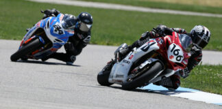 Trevor Daley (166) came back to win Sunday's Pro Sport Bike race at Grand Bend Motorplex after running off-track into the grass early in the 18 lap final. Fellow Suzuki rider Sebastien Tremblay (24) was second ahead of Zoltan Frast in third. Photo by Rob O'Brien, courtesy CSBK.