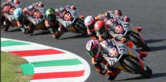 Red Bull MotoGP Rookies Cup: Race One Results From Mugello Màximo Quiles (28) leads Brian Uriarte (51) and the rest at Mugello. Photo courtesy Red Bull.