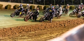 Brandon Robinson (44), Jared Mees (1), and Jarod VanDerKooi (20) lead the way early in the AFT Mission SuperTwins main event at the Arai Bridgeport Half-Mile, in New Jersey. Photo courtesy AFT.