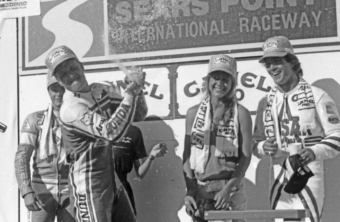 Ottis Lance (right) on the AMA Superbike podium at Sears Point Raceway in 1986 with Bubba Shobert (left) and race winner Fred Merkel (center). Photo by Larry Lawrence/Lawrence Media.