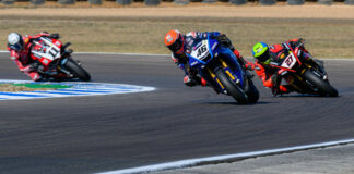 Mike Jones (46) leads Max Stauffer (27) and Broc Pearson (11) during Superbike Race One. Photo by RBMotoLens, courtesy ASBK.