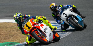 Valentino Rossi (1) rode Eddie Lawson’s 1986 championship-winning YZR500 and Yamaha's other stars like Niccolo Canepa (3) rode other historic racebikes. Photo courtesy Yamaha.