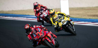 Francesco Bagnaia (1) leads Andrea Iannone (29) and Nicolo Bulega (11) in the Race of Champions at Misano. Photo courtesy Ducati.