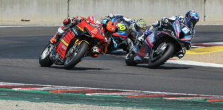 Josh Herrin (2) leads Cameron Beaubier (6) and Sean Dylan Kelly (40) in their battle for victory in the Steel Commander Superbike race on Sunday at WeatherTech Raceway Laguna Seca. Photo by Brian J. Nelson.