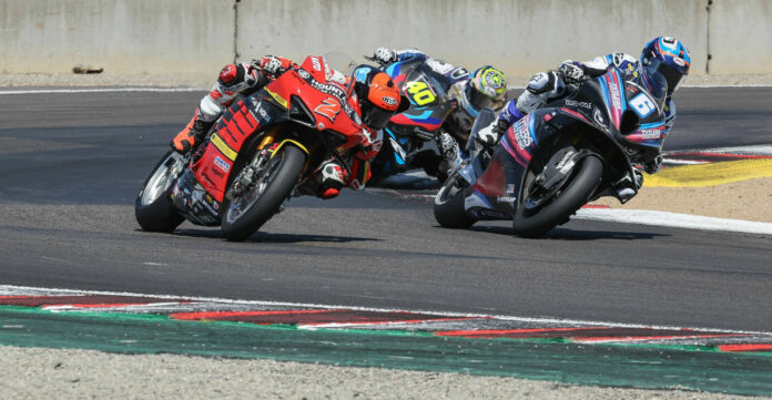 Josh Herrin (2) leads Cameron Beaubier (6) and Sean Dylan Kelly (40) in their battle for victory in the Steel Commander Superbike race on Sunday at WeatherTech Raceway Laguna Seca. Photo by Brian J. Nelson.