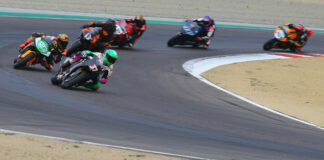 The start of the AHRMA Sound of Thunder 1 (SOT1) race on Sunday with Stefano Mesa (37) leading Troy Siahaan (123), Steve Metz (13X), Thomas Montano (42R), Rennie Scaysbrook (33X), and Jayson Uribe (36X). Photo by Etechphoto.com, courtesy AHRMA.
