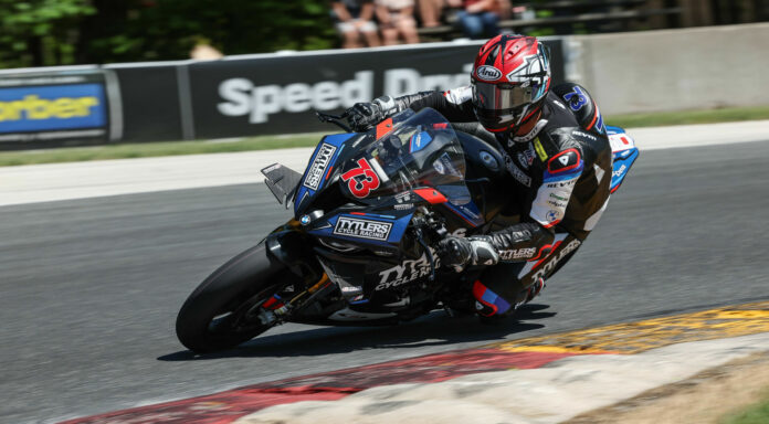Larry Pegram (73), as seen riding a Tytlers Cycle Racing BMW in Stock 1000 at Road America in 2022. Photo by Brian J. Nelson.