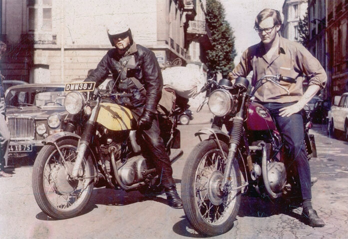 Jamie (left) and Mike (right) also helped out the owner of MotoBritannique, Mike Harper-Smith, by traveling to London to buy used bikes, parts and accessories for the shop. In those days there were no open borders and so riding these old bikes into France from England, loaded with parts and bits, was always a border-crossing customs adventure. Photo courtesy Vanson Leathers.