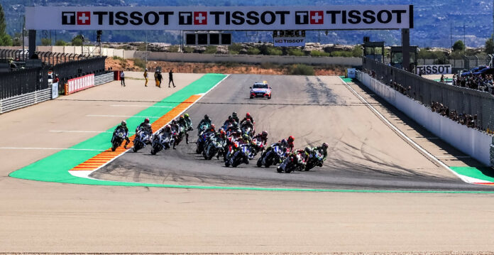 A World Superbike race start at MotorLand Aragon in 2023. Photo courtesy Dorna.