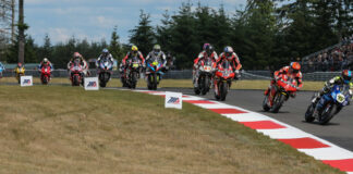 Cameron Petersen (45) leads Josh Herrin (2), Loris Baz (76), Bobby Fong (50), and the rest early in MotoAmerica Superbike Race Two at Ridge Motorsports Park. Photo by Brian J. Nelson, courtesy Yamaha.