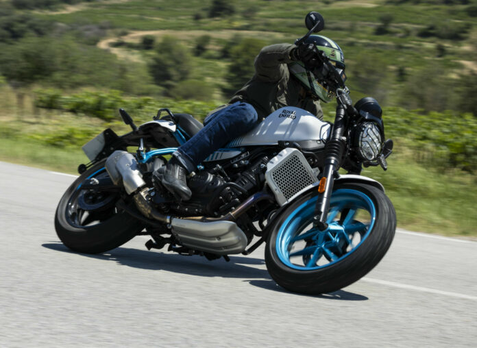 A Royal Enfield Guerrilla 450, fitted with optional parts, at speed. Photo courtesy Royal Enfield.