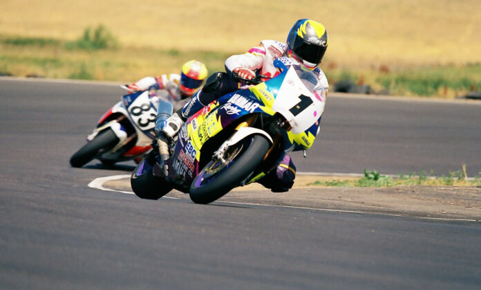 Mark Schellinger (1) leading Doug Vickery (83) during a MRA race in 1995 at Second Creek Raceway. Photo by John Weiland, courtesy Colorado Motorsports Hall of Fame.