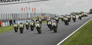 Maria Herrera (6) leads the start of WorldWCR Race Two at Donington Park. Photo courtesy Dorna.