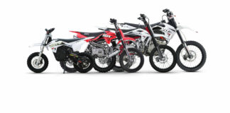 (From left) SSR Motorsports' 2025 SR-E500 electric pit bike, SR125ME, SR140R, and XD250. Photo courtesy SSR Motorsports.